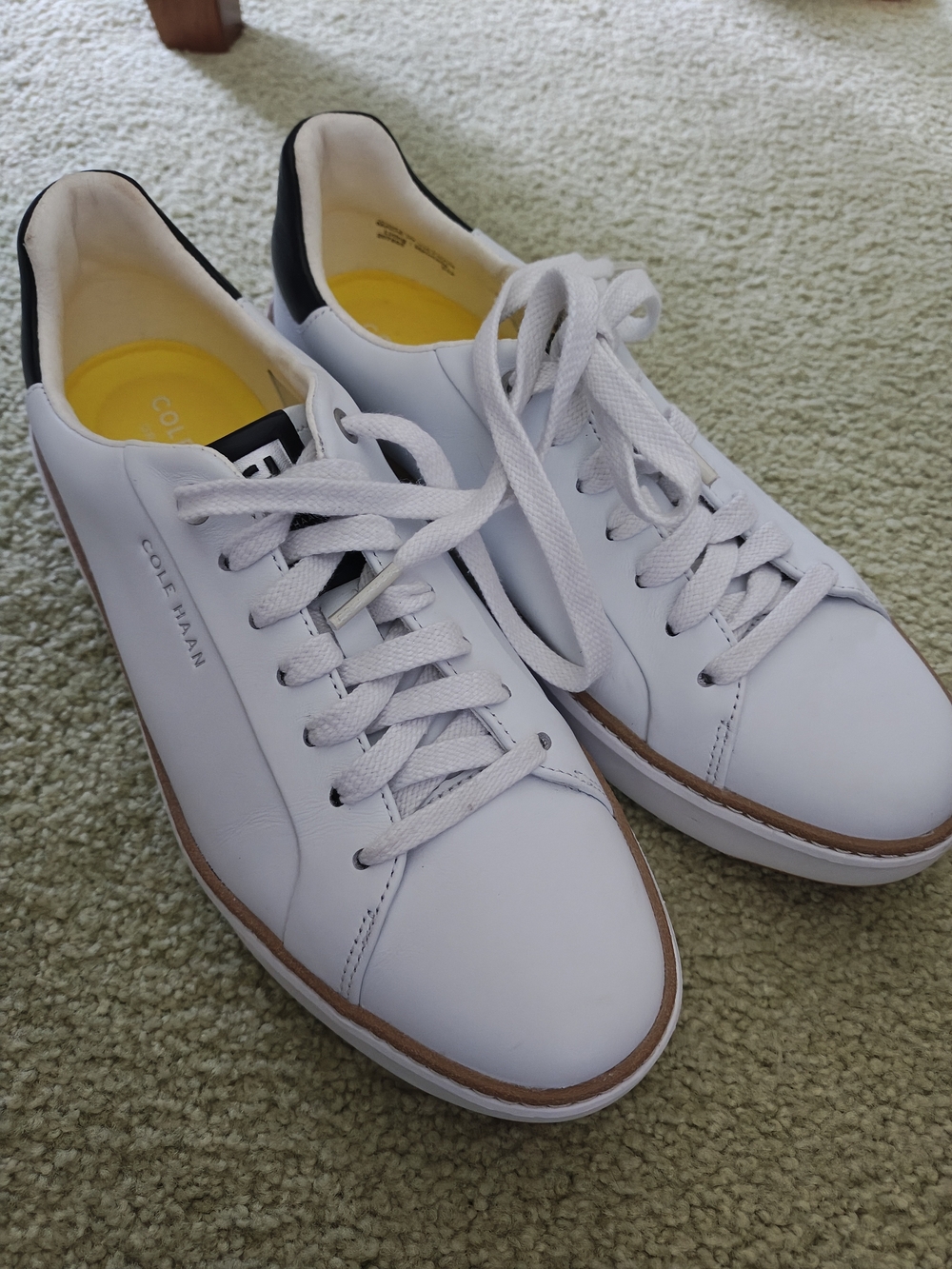 Cole Haan Grand Series White Leather Sneakers with Black Heel and Yellow Insole